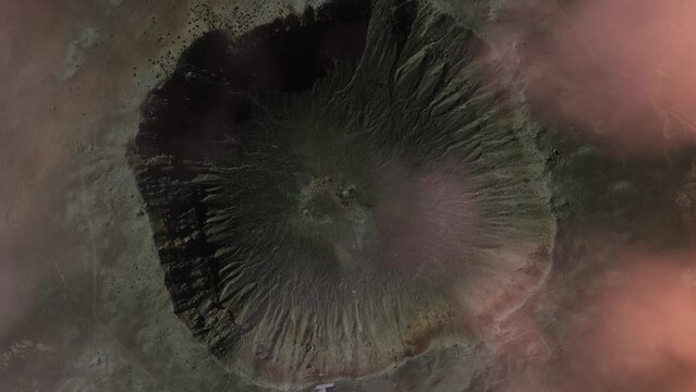 Sunset of Barringer Crater, Winslow, Arizona. United States. Aerial top view 