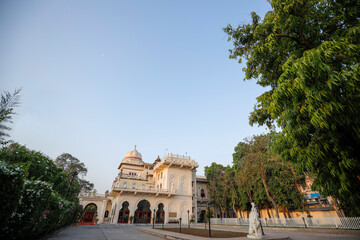 vadodara gujarat india  january15 2022 : Adjacent to the Gaekwad Haveli, the Indumati Mahal is built amidst beautiful trees with a beautiful front facade and a beautiful idol outside.