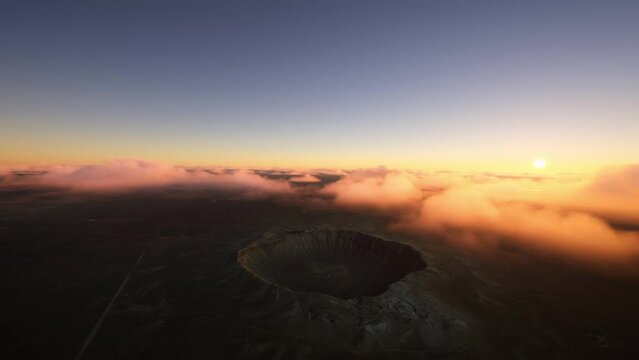 Barringer Crater, Winslow, Arizona, United States. Circular aerial sunset view 