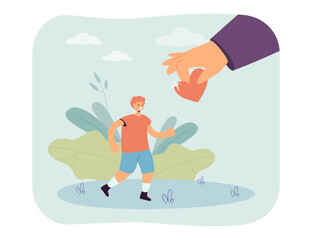Fototapeta premium Huge hand giving red heart to cheerful boy. Person giving love and care to child flat vector illustration. Charity, childhood, family, adoption concept for banner, website design or landing web page