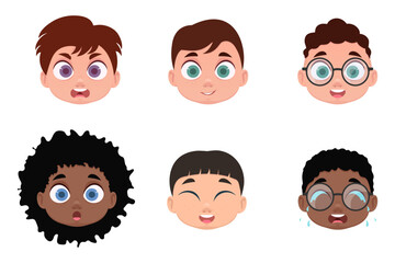 Set of faces, emotions of boys. Vector illustration