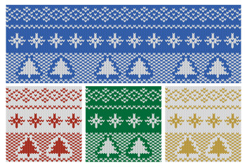 Blue seamless knit background with Christmas ornament. Norwegian greeting card background or poster to print. Winter holiday background with tree and snowflakes