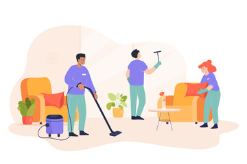 Cleaning team tidying up room flat vector illustration. Professional workers in uniform doing windows, cleaning with vacuum cleaner, working at home. Cleanup, housekeeping, hygiene concept