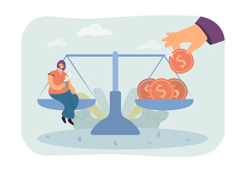 Huge hand putting gold coin on scales with tiny woman. Balance between female worker and salary flat vector illustration. Finances, human resources, gender equality concept for banner, website design