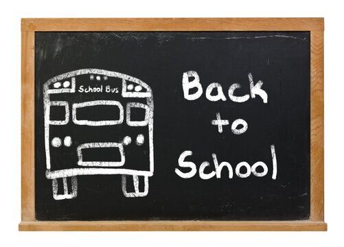 Back to School with a hand drawn school bus written in white chalk on a black chalkboard isolated on white
