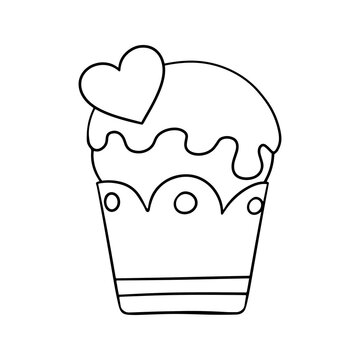 Monochrome picture, Delicious cupcake with powdered sugar and a heart, vector in cartoon
