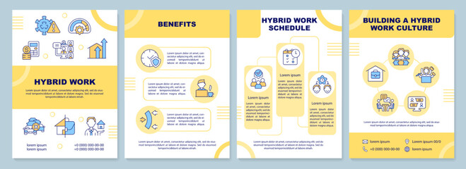 Hybrid work yellow brochure template. Home and office. Leaflet design with linear icons. Editable 4 vector layouts for presentation, annual reports. Arial-Black, Myriad Pro-Regular fonts used