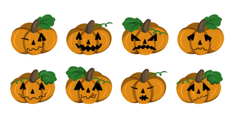Large Set of icons, Festive Pumpkin character, Cheerful Pumpkin, Angry Pumpkin, Cartoon, Vector Flat