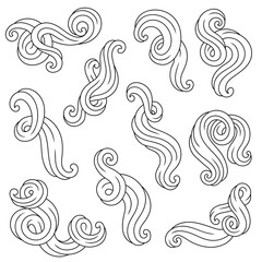 Set of wave line curls. Monochrome stripes black and white texture.
