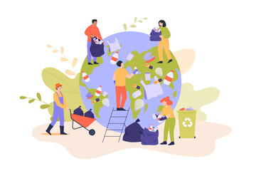 Volunteers cleaning earth from garbage flat vector illustration. Eco activists collecting waste, plastic water bottles and trash, taking care of globe, planet. Ecology, environment, recycling concept