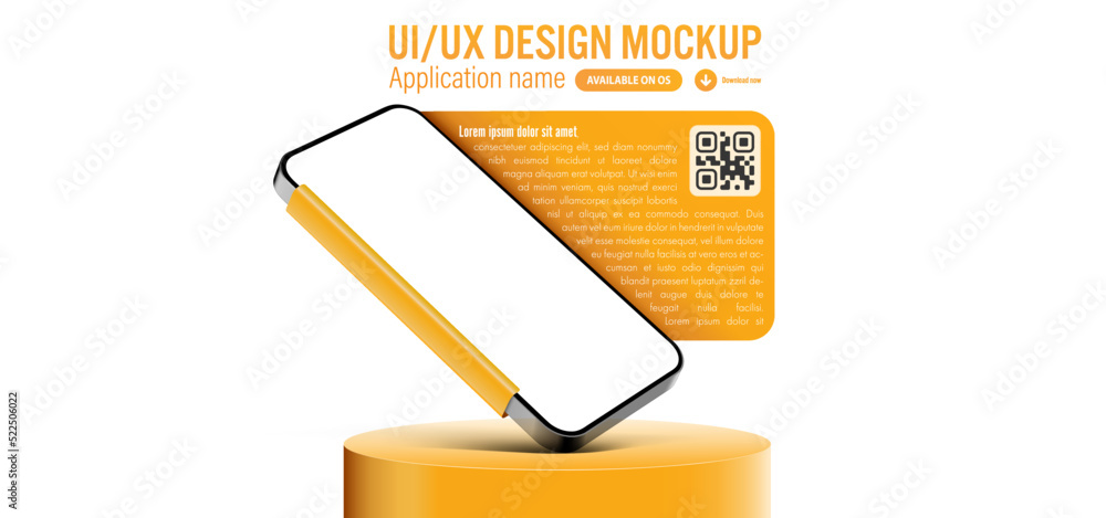 Poster smartphone mobile app template with blank screen on podium - description and download link with qr c