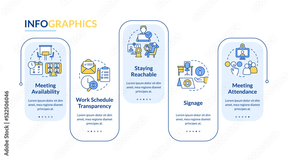 Poster work locations and schedules rectangle infographic template. data visualization with 5 steps. editab