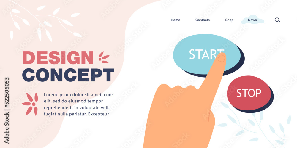 Poster hand pushing stop or start buttons flat vector illustration. fingers touching or pressing red and bl