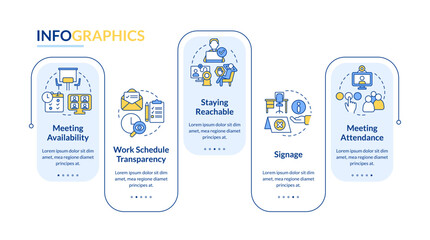 Work locations and schedules rectangle infographic template. Data visualization with 5 steps. Editable timeline info chart. Workflow layout with line icons. Lato-Bold, Regular fonts used