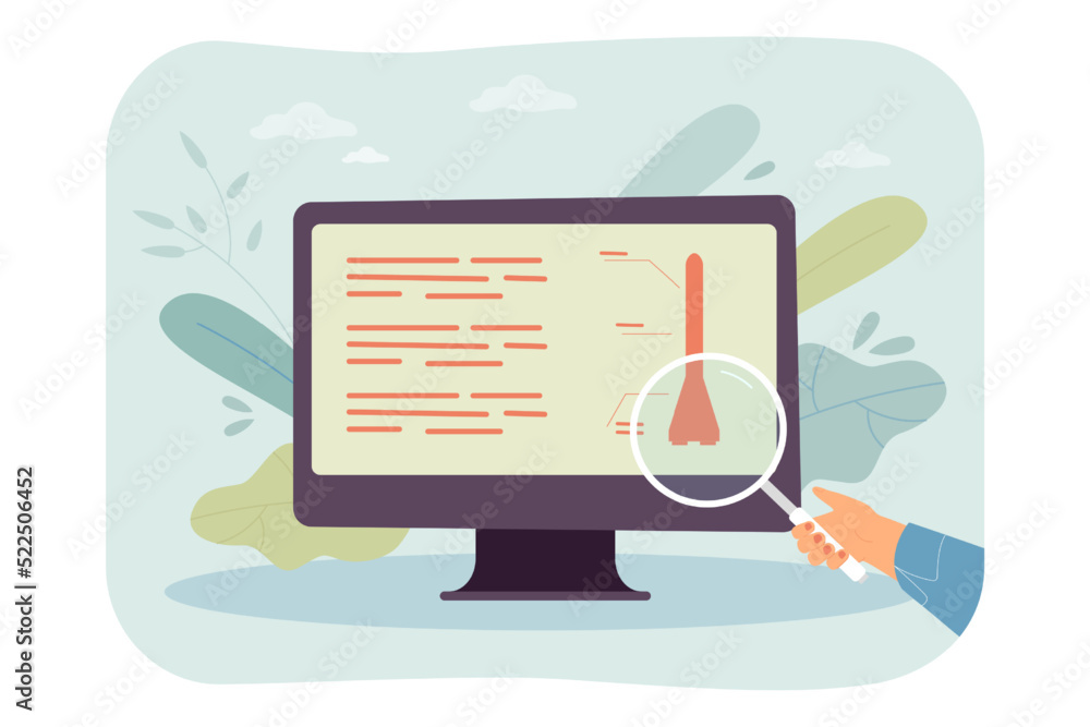 Poster Hand with magnifier in front of monitor with scheme of rocket. Engineer studying spaceship infographic flat vector illustration. Rocket science, engineering, technology concept for banner