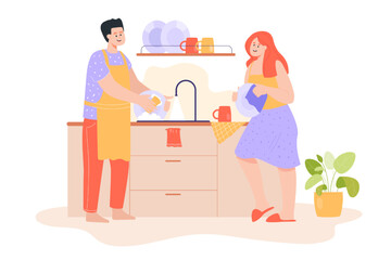 Happy couple washing dishes together flat vector illustration. Husband and wife talking, cleaning up kitchen, spending time together. Cleanup, housekeeping, hygiene, family concept
