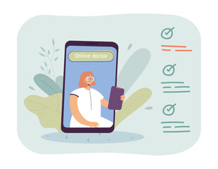 Female medical professional on smartphone screen and checklist. Doctor checking information about patient flat vector illustration. Online medicine, healthcare, technology concept for banner