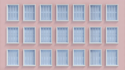3d render closed window. Wooden shutters on pastel pink color painted wall west style background. Blue pale european style close windows with ornamental frame on apartment building facade