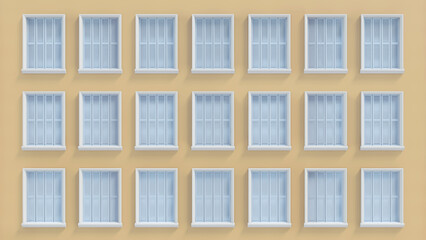 3d render closed window. Wooden shutters on pastel yellow color painted wall west style background. Blue pale european style close windows with ornamental frame on apartment building facade