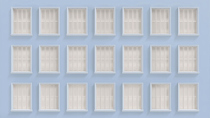 3d render closed window. Wooden shutters on pastel yellow color painted wall west style background. Blue pale european style close windows with ornamental frame on apartment building facade
