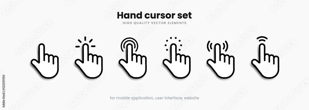Poster Mouse click cursor set. Hand Cursor. Click icon. Mouse pointer set. Arrow cursor. Pointer click icon. Clicking cursor, pointing hand clicks and waiting loading icons. Website arrows or hand icon.
