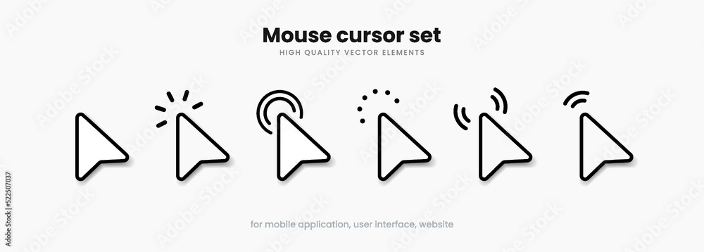 Poster Mouse click cursor set. Hand Cursor. Click icon. Mouse pointer set. Arrow cursor. Pointer click icon. Clicking cursor, pointing hand clicks and waiting loading icons. Website arrows or hand icon.