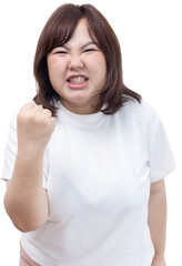 Fototapeta premium Chubby Woman With Fighting Fist Up Gesture on Transparent Background