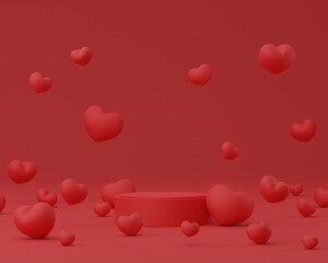 Cosmetic round podium or pedestal with hearts on red background, Abstract product display podium, 3d rendering studio with geometric shapes, Cosmetic product minimal scene with platform