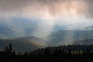Rain clouds in the Carpathians, overcast Mount Petros.