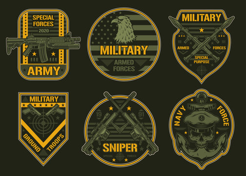 Military weapons set colorful logotype