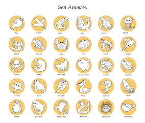 hand drawn vector set of sea animals.