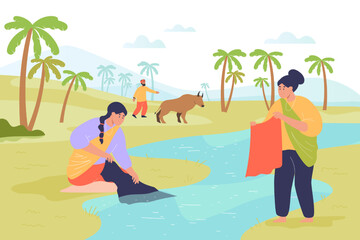 Indian women washing clothes in river flat vector illustration. Women in traditional clothes doing laundry outdoor. Housework, hygiene, hand washing, tradition concept