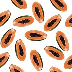 Seamless pattern with exotic fruits, papaya cut into slices. Texture design on white background