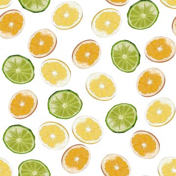Lemon and lime botanical illustration of  sliced fruits Citrus design for packaging and essential oils, textile and seamless print on white background.