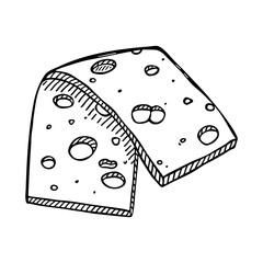 Hand drawn cheese parts and slices isolated on a white background. Cheese icon. Vector cheese clipart