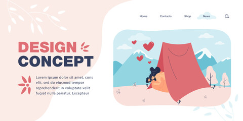 Couple making love in tent in mountains flat vector illustration. Young naked couple lying and hugging. Tenderness, romance, intimate life concept for banner, website design or landing web page