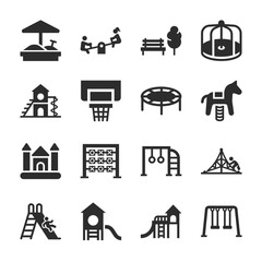 Playground icons set. Jungle gym. Children's amusement park, a place for children and parents to leisure. Slide, sandpit, merry-go-round, seesaw. Monochrome black and white icon.