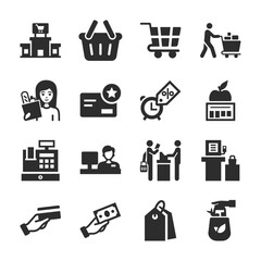 Supermarket, mall icons set. The customer buys goods in the store. The buyer and the seller. The prices of food, cashier, cash register. Monochrome black and white icon. - obrazy, fototapety, plakaty
