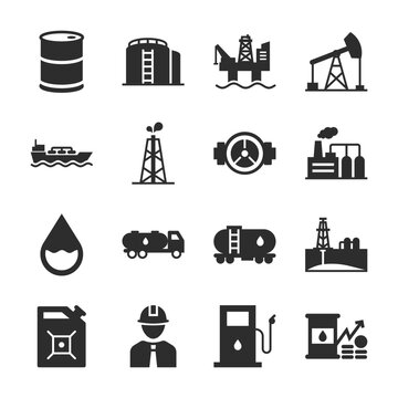 Oil, Fuel icons set. Petroleum industry. Extraction of a fossil resource, transportation, use. Monochrome black and white icon.