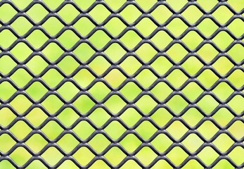Dark metal grid with natural green background. Abstract background, geometric pattern