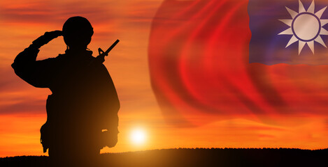 Fototapeta na wymiar Silhouette of Soldier in sunset background . Taiwan . National holiday .