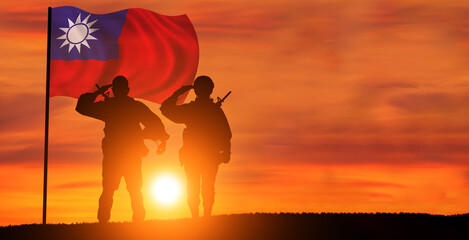 Silhouette of Soldier in sunset background . Taiwan . National holiday .
