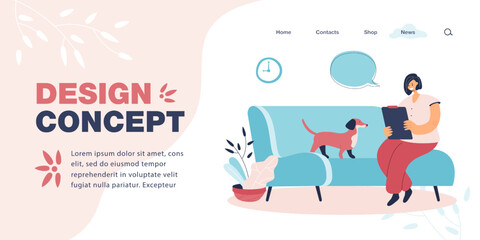 Animal psychologist sitting on sofa with dachshund. Woman helping dog through therapy flat vector illustration. Animal care, pets, health concept for banner, website design or landing web page