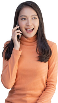 Isolated Woman Using Mobile Phone on Blank Copyspace   on Transparent Background