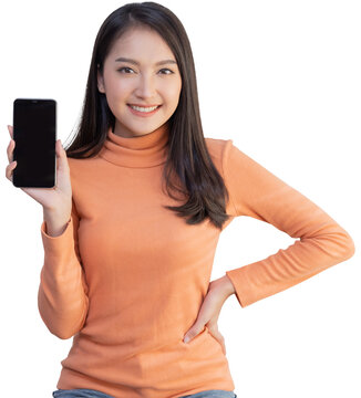 Asian Woman Show Mobile Phone Screen with Blank Copy Space  on Transparent Background
