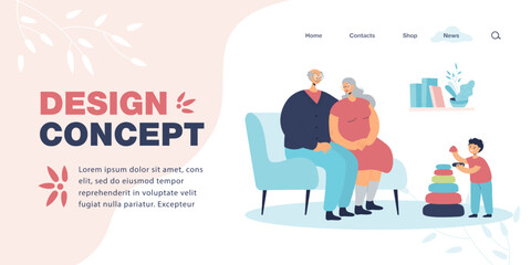 Grandparents sitting on sofa and looking at grandson. Boy building pyramid with grandmother and grandfather flat vector illustration. Family concept for banner, website design or landing web page