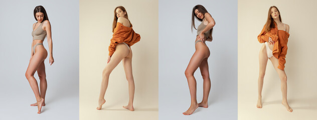 Full-length portraits of young slim women in underwear posing isolated pastel color background....