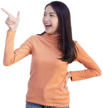 Asian Woman Pointing to Blank Space  on Transparent Background