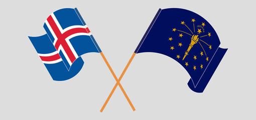 Crossed and waving flags of Iceland and the State of Indiana