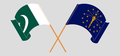Crossed and waving flags of Pakistan and the State of Indiana